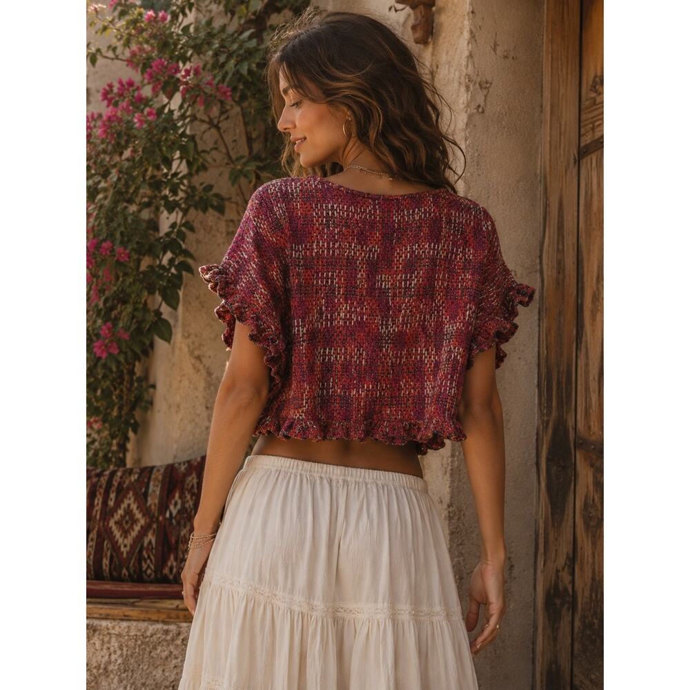Zara Multicolor Red Ruffle-Sleeve Knit Crop Top Boho Feminine - Picture 2 of 7